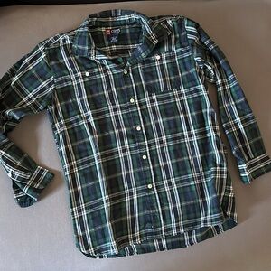 CHAPS dress shirt Boys L 14-16 green blue white plaid buttoned front pockets